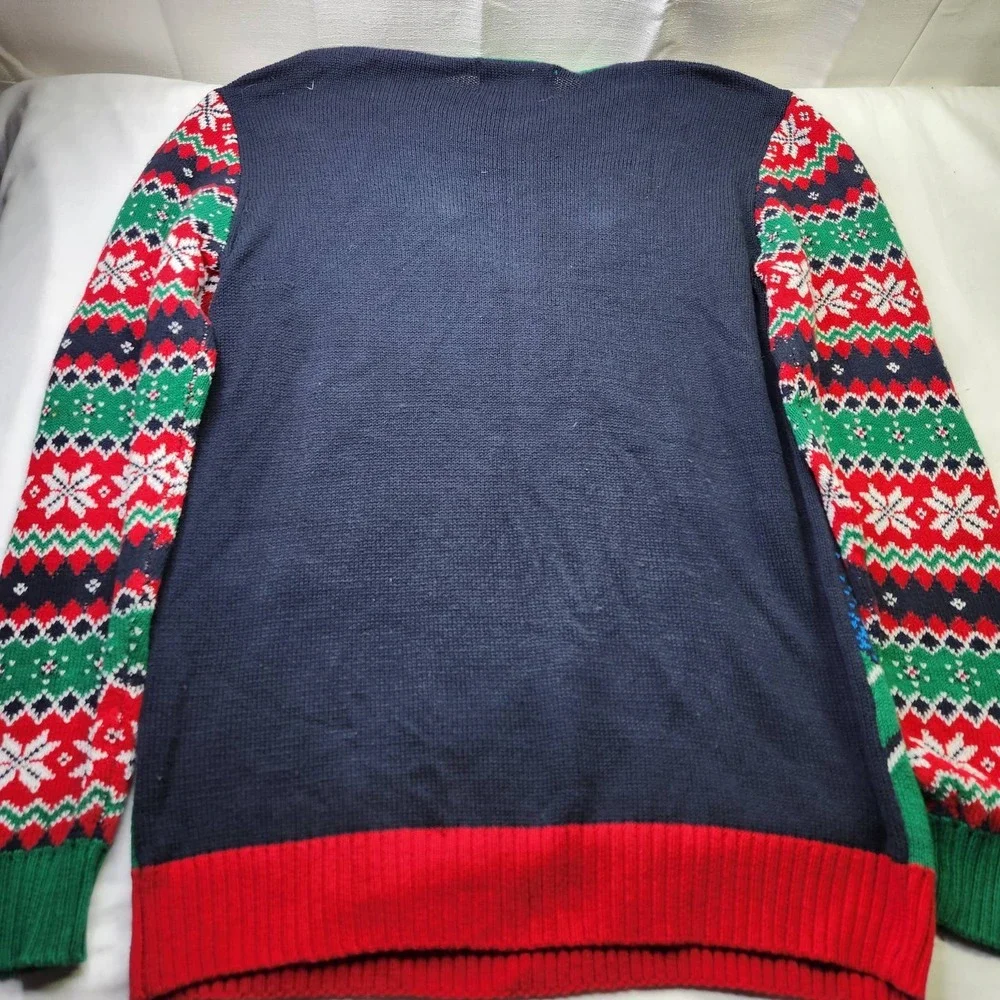 Ugly Christmas Sweater Reindeer Pullover Mens Large Navy Let It Glow Fair Isle